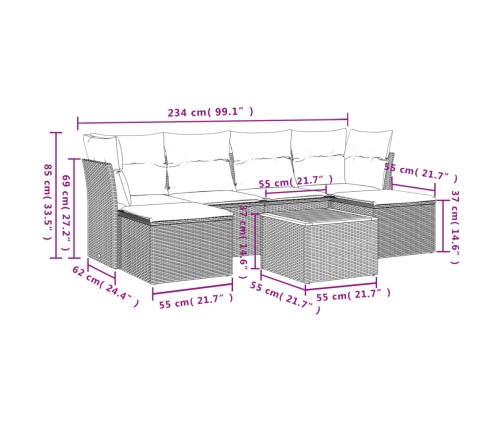 Set de comedor de jardín 7 pzas y cojines ratán sintético negro
