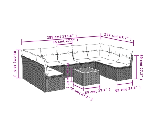 Set de sofás de jardín 10 pzas cojines ratán sintético negro