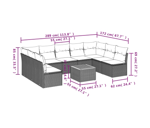 Set de sofás de jardín 10 pzas cojines ratán sintético negro