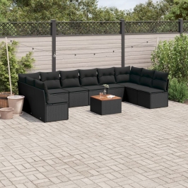 Set de sofás de jardín 11 pzas y cojines ratán sintético negro