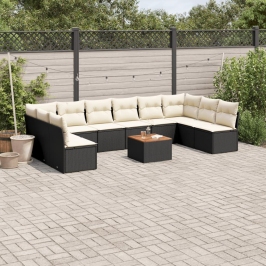 Set de sofás de jardín 11 pzas y cojines ratán sintético negro