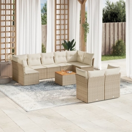 Juego de sofás jardín con cojines beige 10 pzas ratán sintético