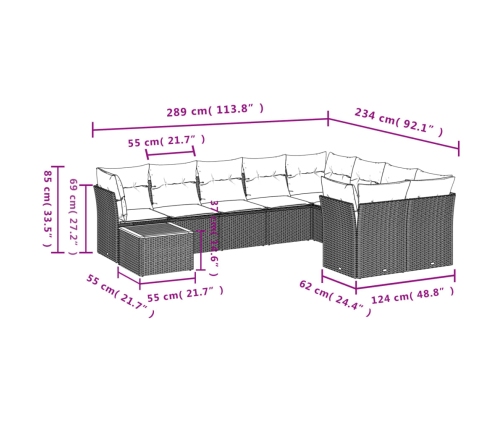 Set de sofás de jardín 10 pzas cojines ratán sintético negro