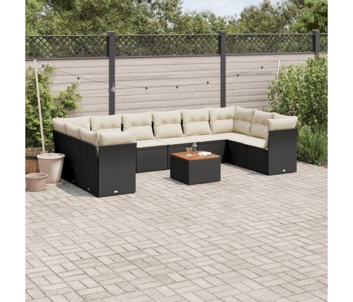 Set de sofás de jardín 11 pzas y cojines ratán sintético negro