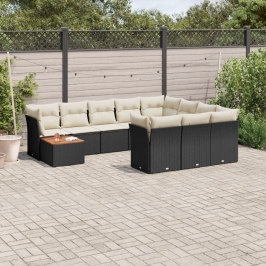 Set de sofás de jardín 11 pzas y cojines ratán sintético negro