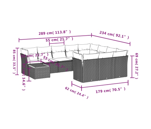 Set de sofás de jardín 11pzas con cojines ratán sintético beige