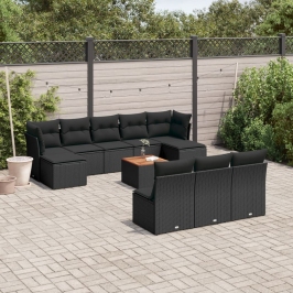 Set de sofás de jardín 11 pzas y cojines ratán sintético negro
