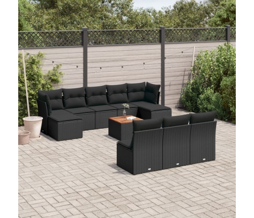 Set de sofás de jardín 11 pzas y cojines ratán sintético negro