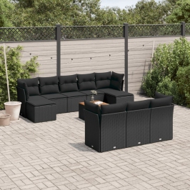 Set de sofás de jardín 11 pzas y cojines ratán sintético negro