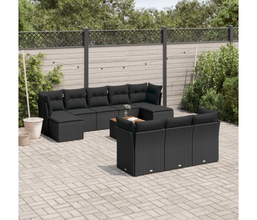Set de sofás de jardín 11 pzas y cojines ratán sintético negro