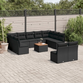 Set de sofás de jardín 12 piezas cojines ratán sintético negro