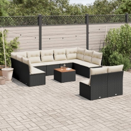 Set de sofás de jardín 12 piezas cojines ratán sintético negro