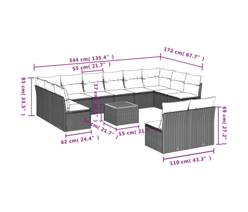 Set de sofás de jardín y cojines 13 pzas ratán sintético negro