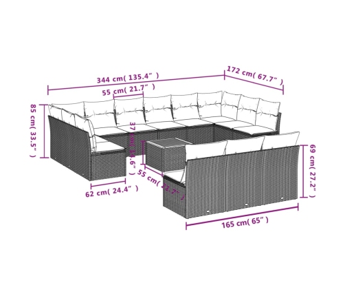 Set sofás de jardín 14 pzas con cojines ratán sintético beige