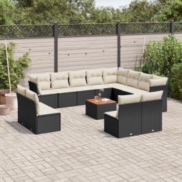 Set de sofás de jardín y cojines 13 pzas ratán sintético negro