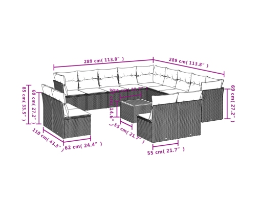 Set sofás de jardín 14 pzas con cojines ratán sintético negro