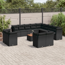 Set sofás de jardín 14 pzas con cojines ratán sintético negro