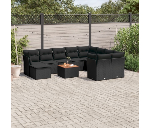 Set de sofás de jardín 11 pzas y cojines ratán sintético negro