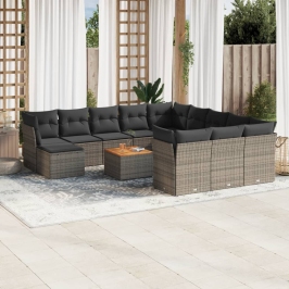 Set sofás de jardín con cojines 13 piezas ratán sintético gris