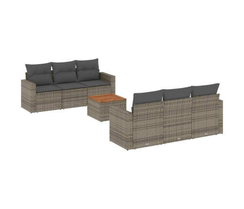 Set de sofás de jardín 7 piezas con cojines ratán PE gris