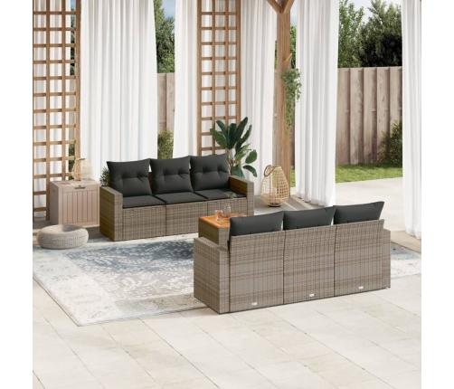 Set de sofás de jardín 7 piezas con cojines ratán PE gris