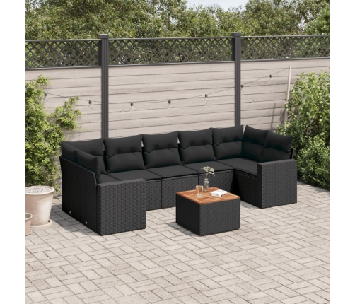 Set de sofás de jardín 8 piezas y cojines ratán sintético negro