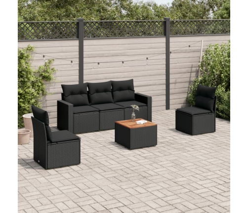 Set de sofás de jardín 6 piezas y cojines ratán sintético negro