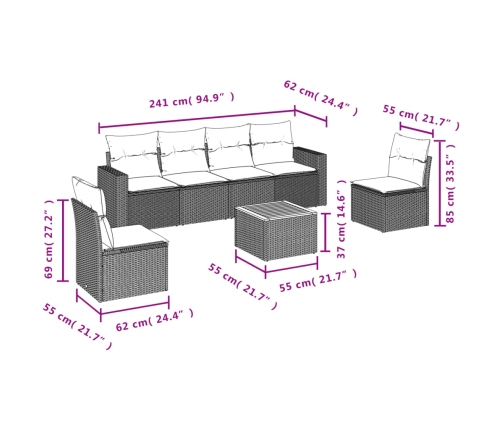 Set de comedor de jardín 7 pzas y cojines ratán sintético negro