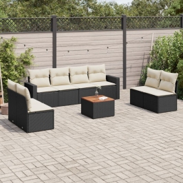 Set de sofás de jardín 8 piezas y cojines ratán sintético negro