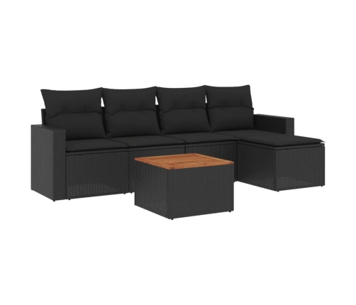 Set de sofás de jardín 6 piezas y cojines ratán sintético negro
