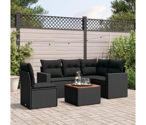 Set de sofás de jardín 6 piezas y cojines ratán sintético negro