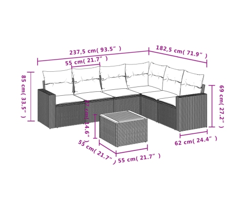Set de comedor de jardín 7 pzas y cojines ratán sintético negro