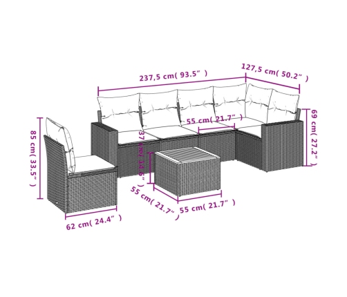 Set de comedor de jardín 7 pzas y cojines ratán sintético negro