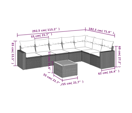 Set de sofás de jardín 8 pzas y cojines ratán sintético gris
