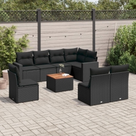 Set de sofás de jardín 8 piezas y cojines ratán sintético negro