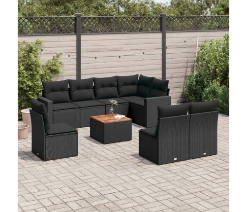 Set de sofás de jardín 8 piezas y cojines ratán sintético negro