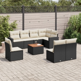 Set de sofás de jardín 8 piezas y cojines ratán sintético negro