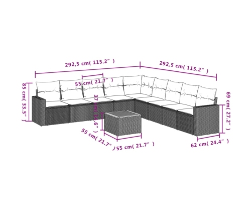 Set de sofás de jardín 10 pzas cojines ratán sintético negro