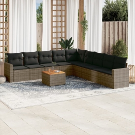 Set de sofás de jardín 10 pzas con cojines ratán sintético gris