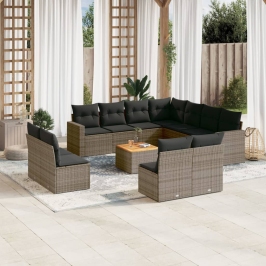 Set de sofás de jardín 12 pzas con cojines ratán sintético gris