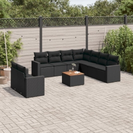 Set de sofás de jardín 10 pzas cojines ratán sintético negro