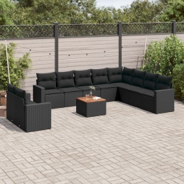 Set de sofás de jardín 11 pzas y cojines ratán sintético negro