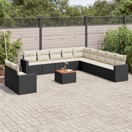 Set de sofás de jardín 12 piezas cojines ratán sintético negro