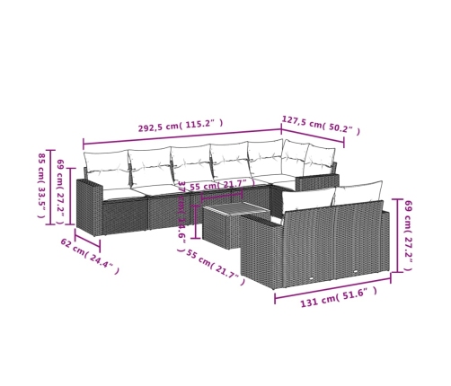 Set de muebles de jardín 9 pzas y cojines ratán sintético gris