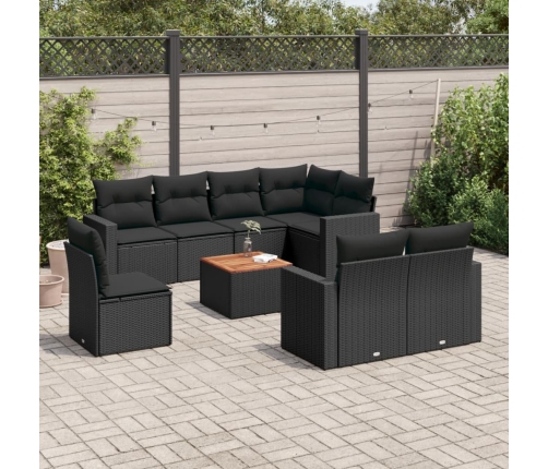 Set de sofás de jardín 8 piezas y cojines ratán sintético negro
