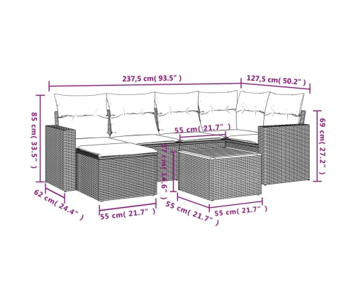 Set de comedor de jardín 7 pzas y cojines ratán sintético negro