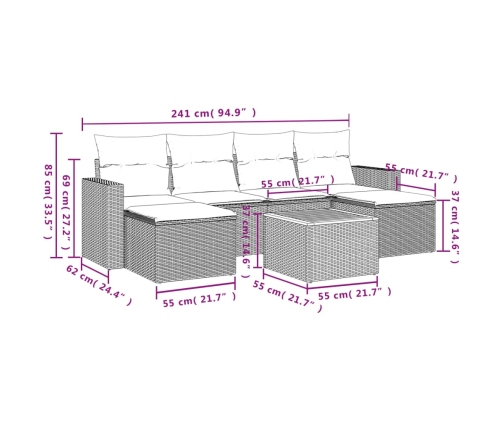 Set de comedor de jardín 7 pzas y cojines ratán sintético negro