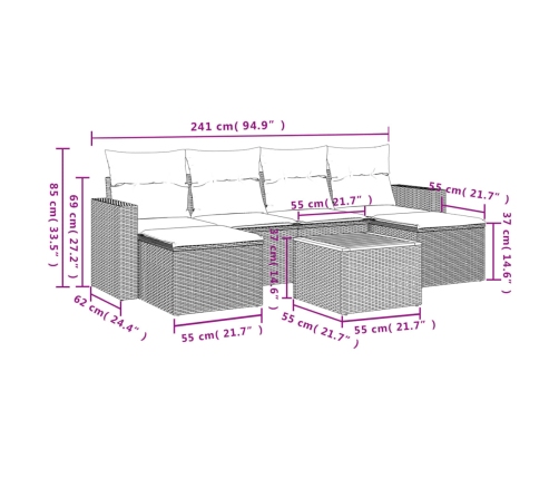 Set de sofás de jardín 7 piezas con cojines ratán PE gris