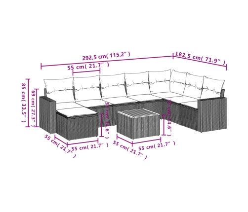 Set de sofás de jardín 9 pzas con cojines ratán sintético beige