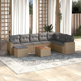 Set de sofás de jardín 9 pzas con cojines ratán sintético beige